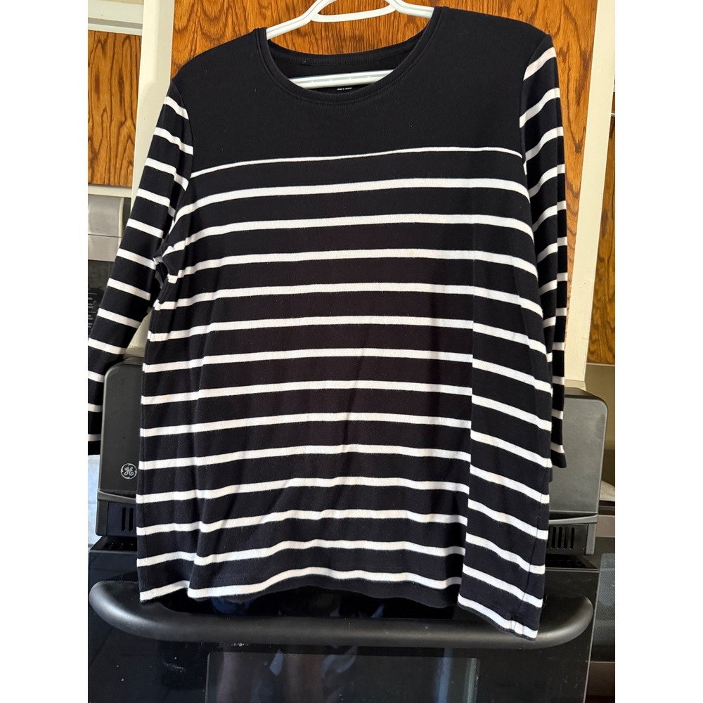 Kim Rogers Womens Large Black White‎ Striped Long Sleeve Crew Neck Top Tee
